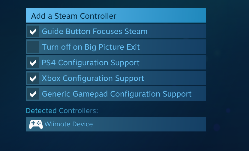 Steam Controller Configurator adding generic support for wiimote