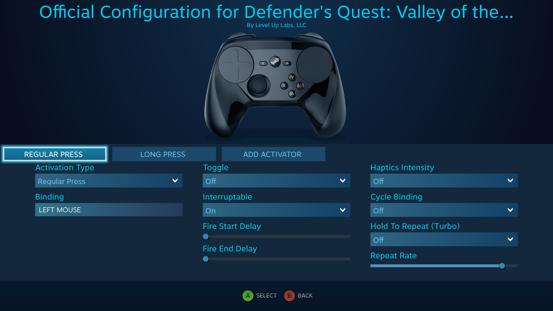 Defender's Quest Steam Controller Configuration Screen -- Battle Actions, LEFT MOUSE binding Defender's Quest Steam Controller Configuration Screen -- Battle Actions, LEFT MOUSE binding