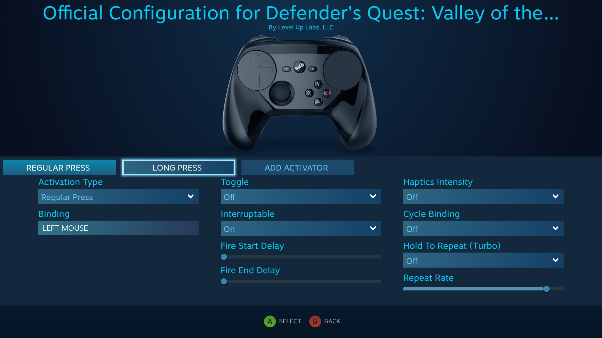 Defender's Quest Steam Controller Configuration Screen -- Battle Actions, Spell Repeat binding Defender's Quest Steam Controller Configuration Screen -- Battle Actions, Spell Repeat binding