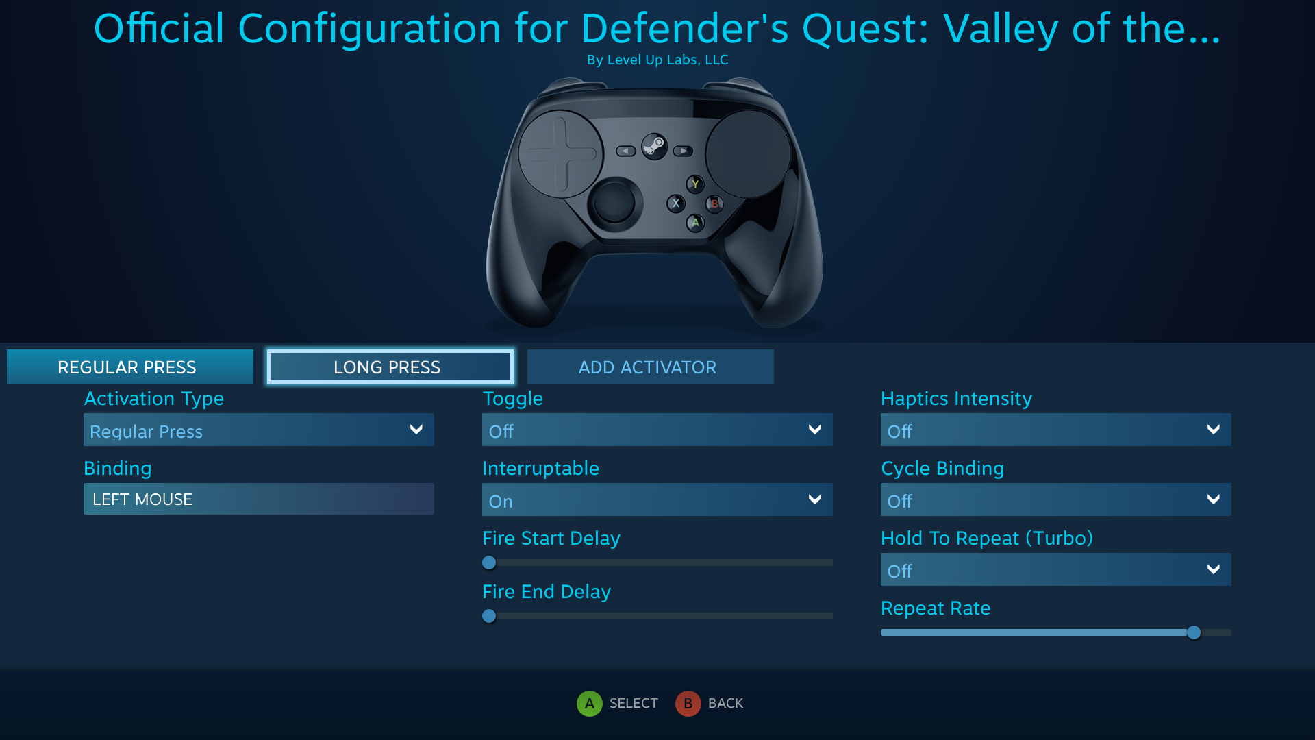 Defender's Quest Steam Controller Configuration Screen -- Battle Actions, Spell Repeat binding