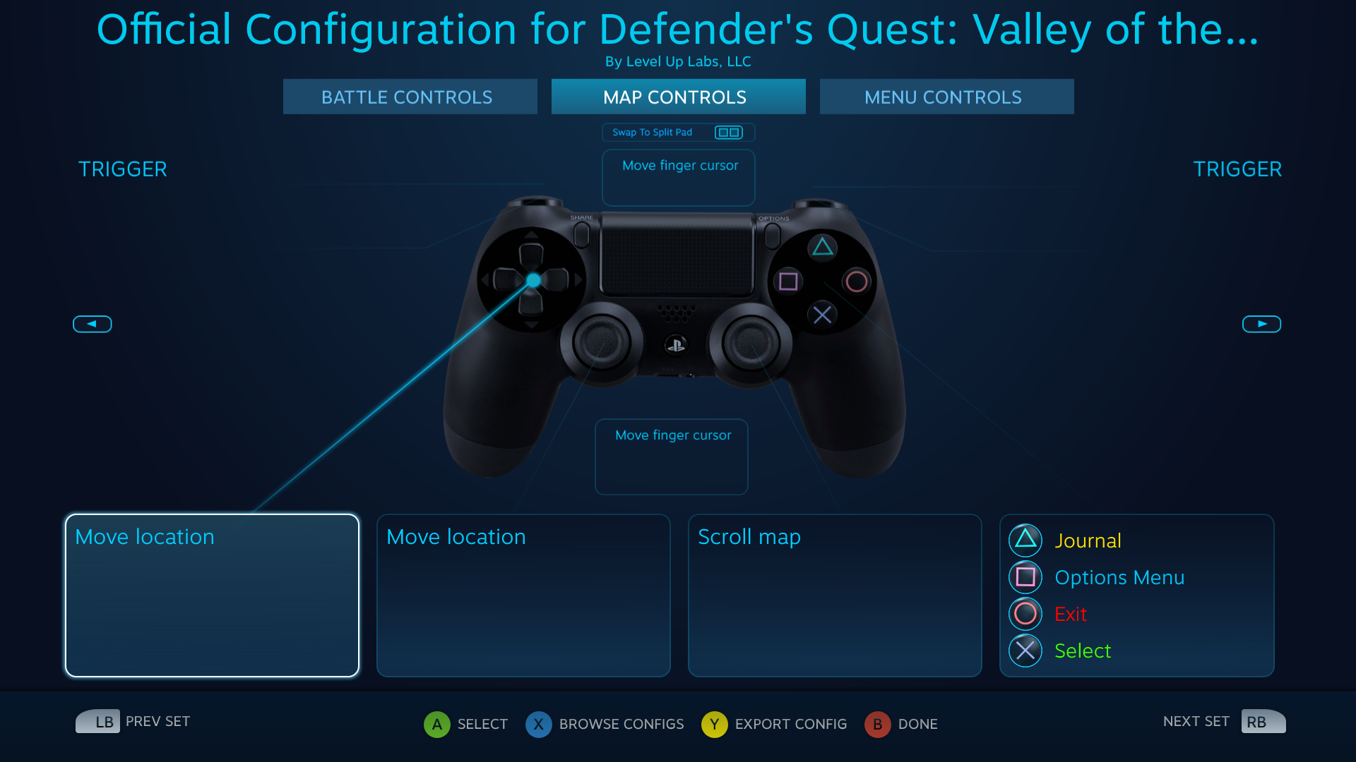 Defender's Quest DS4 Configuration screen -- Map actions
