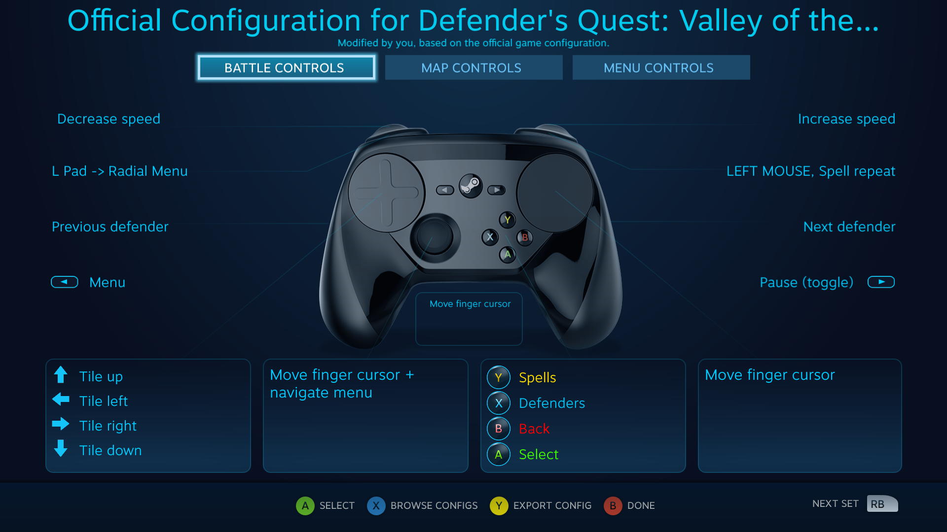 Defender's Quest Steam Controller Configuration screen -- Battle Actions