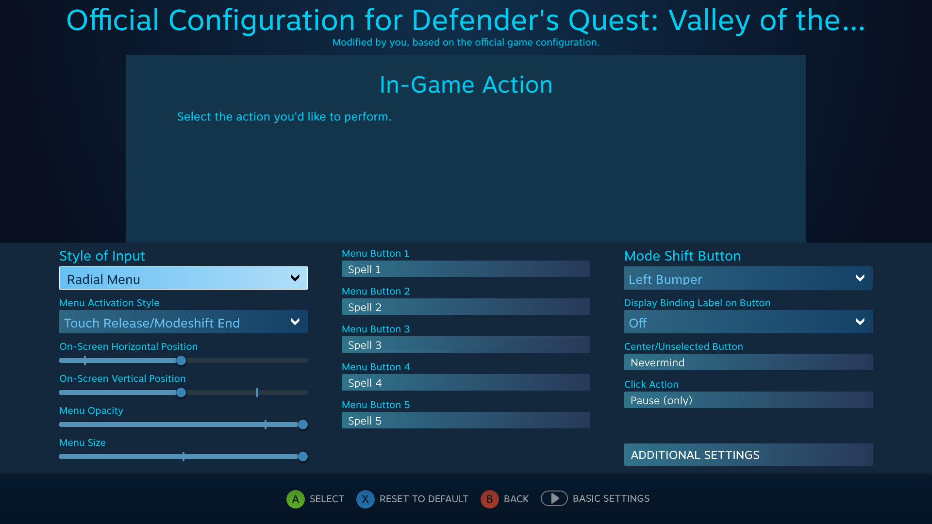 Defender's Quest Steam Controller Configuration Screen -- L Pad Mode Shift Radial Menu Defender's Quest Steam Controller Configuration Screen -- L Pad Mode Shift Radial Menu