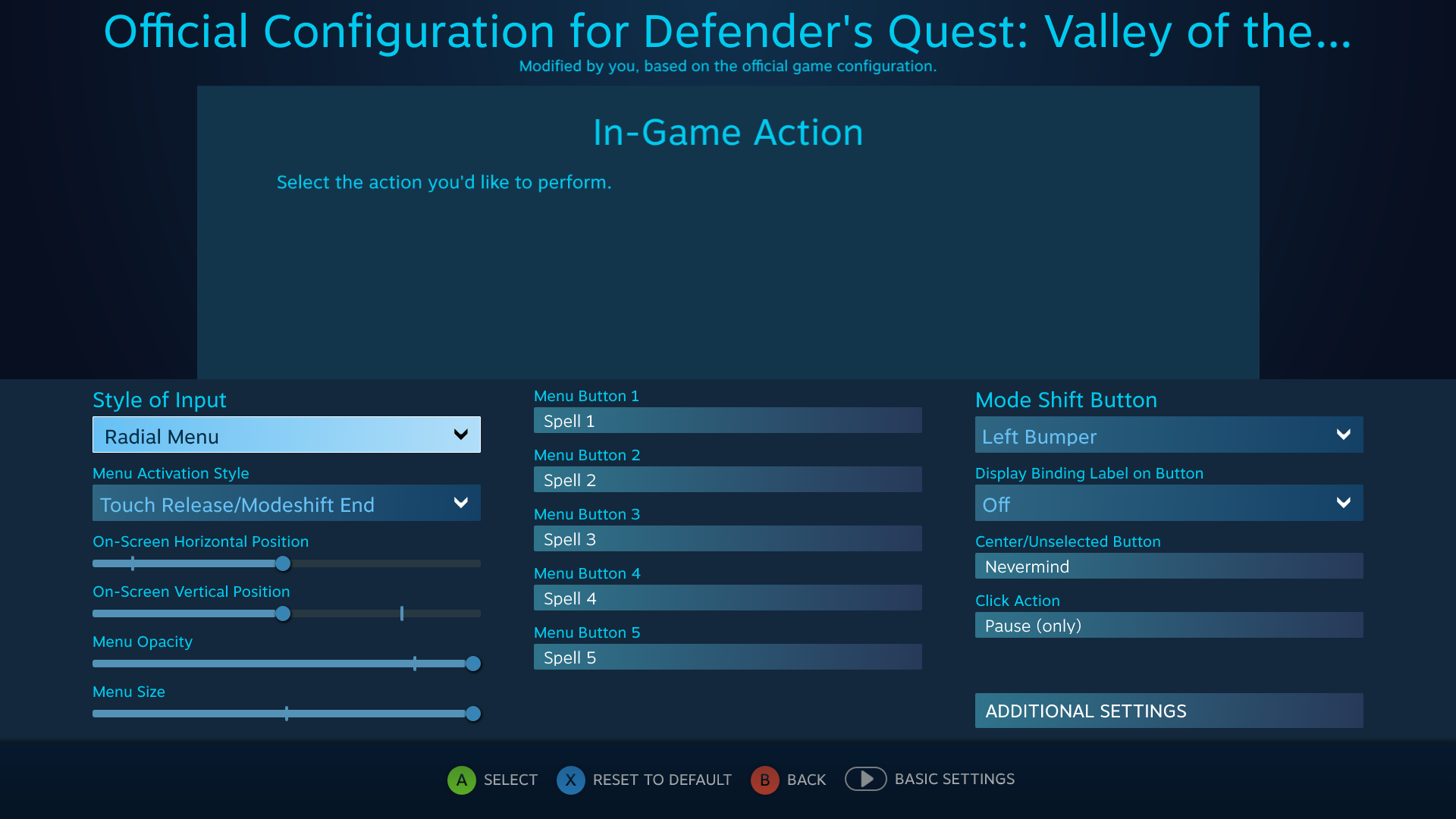 Defender's Quest Steam Controller Configuration Screen -- L Pad Mode Shift Radial Menu