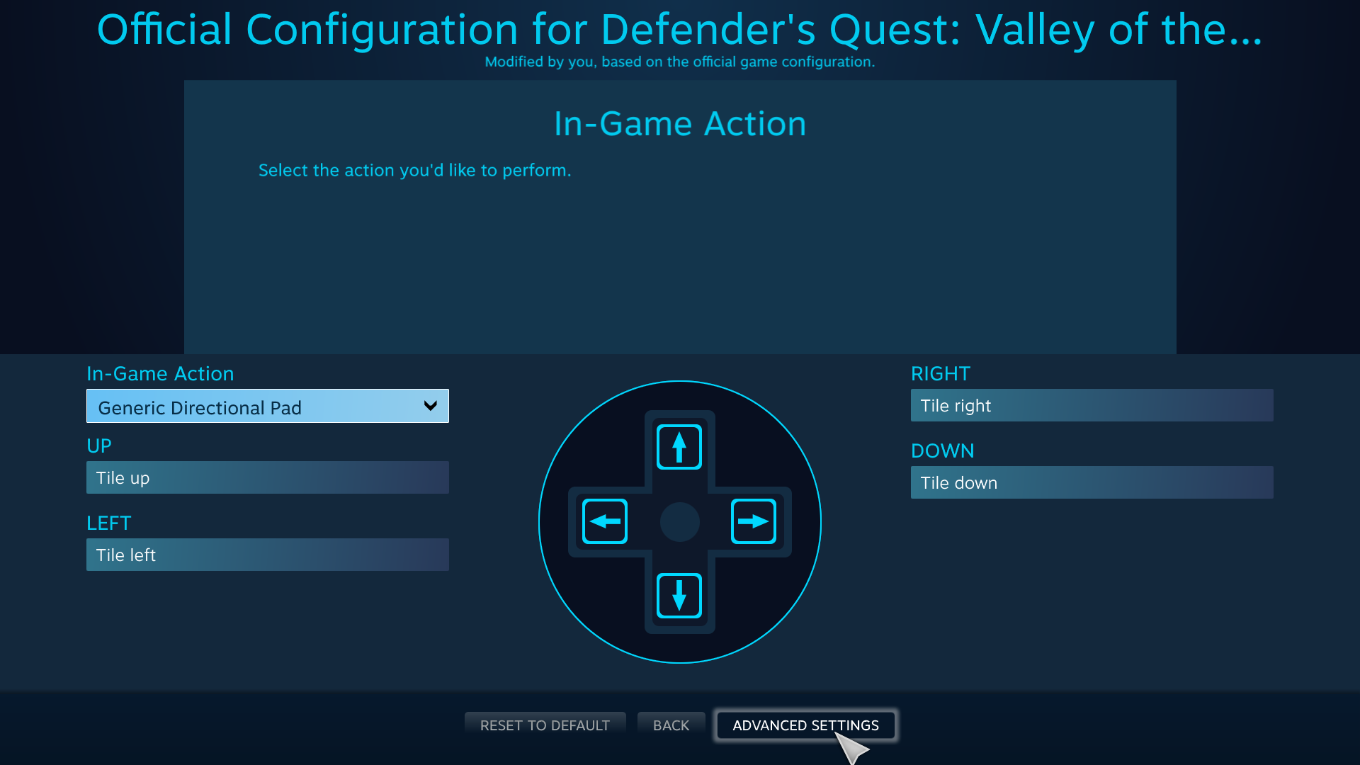Defender's Quest Steam Controller Configuration Screen -- L Pad Settings