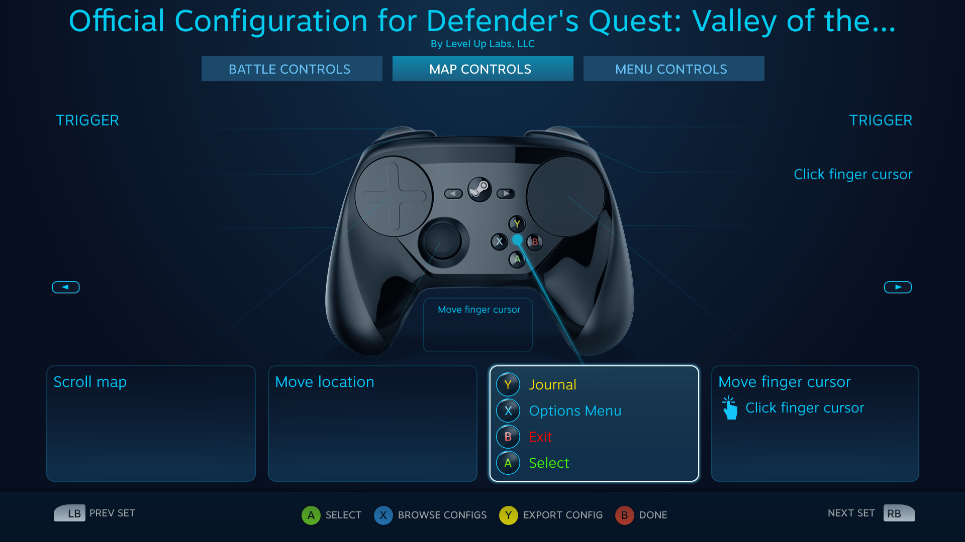Defender's Quest Steam Controller Configuration screen -- Map actions Defender's Quest Steam Controller Configuration screen -- Map actions