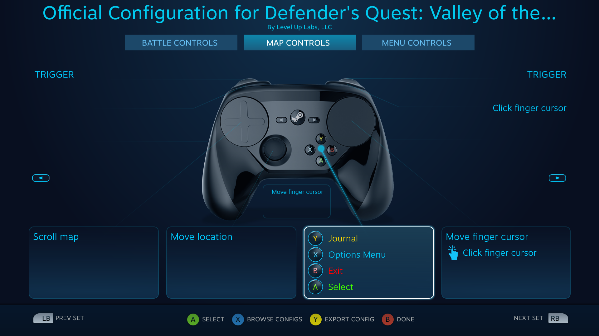Defender's Quest Steam Controller Configuration screen -- Map actions