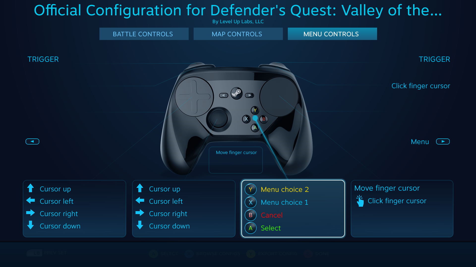 Defender's Quest Steam Controller Configuration screen - Menu actions