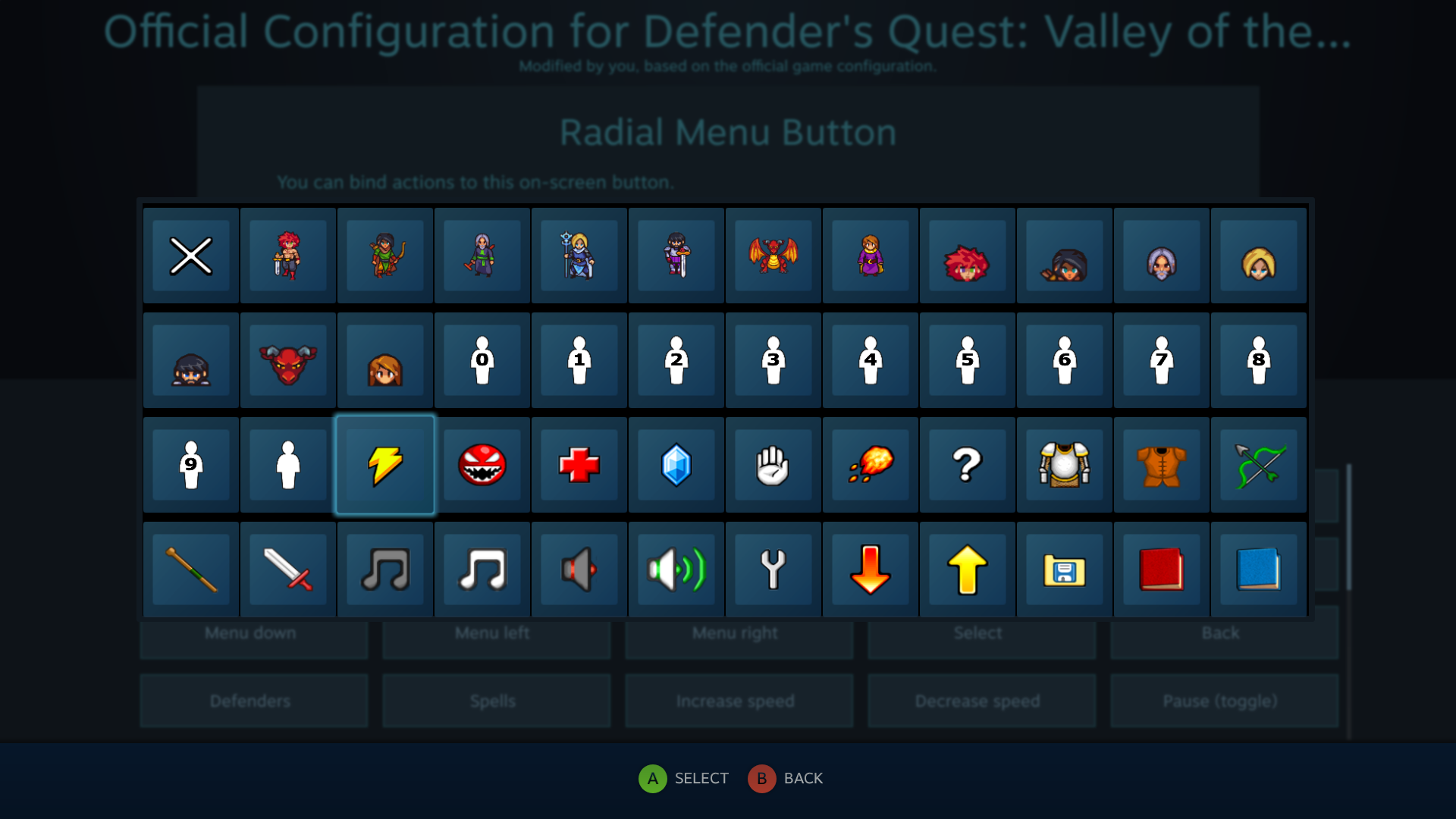 Defender's Quest Steam Controller Configuration Screen -- Selecting a custom icon for a radial menu