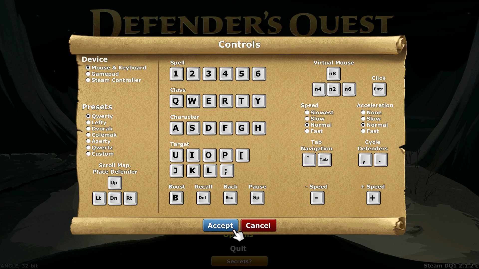 Keyboard & Mouse controls configuration screen