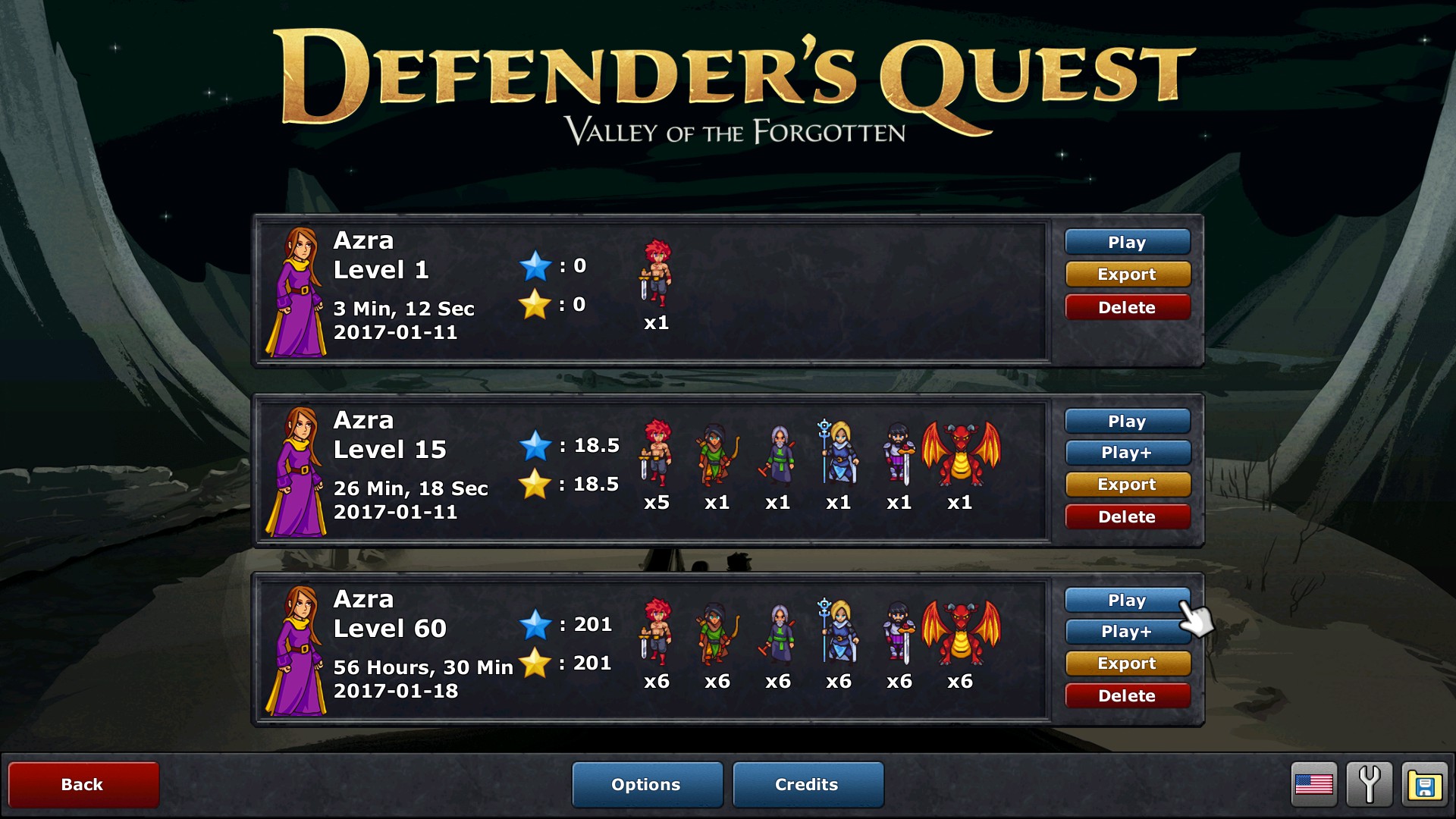 Defender's Quest Save Slot screen w/ Keyboard+Mouse