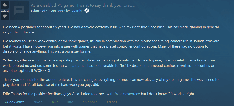 Reddit post: As a disabled PC gamer I want to say thank you."